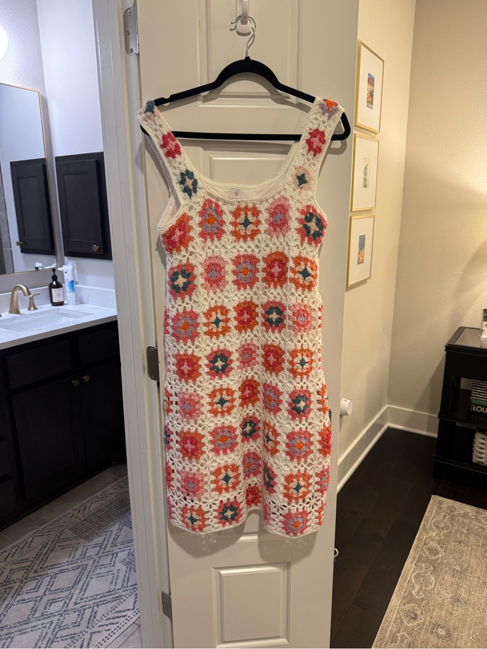 Handmade Crochet Tank Dress in White with Pink & Coral Floral Squares